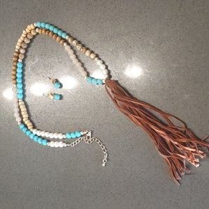 Leather tassel necklace & earrings set